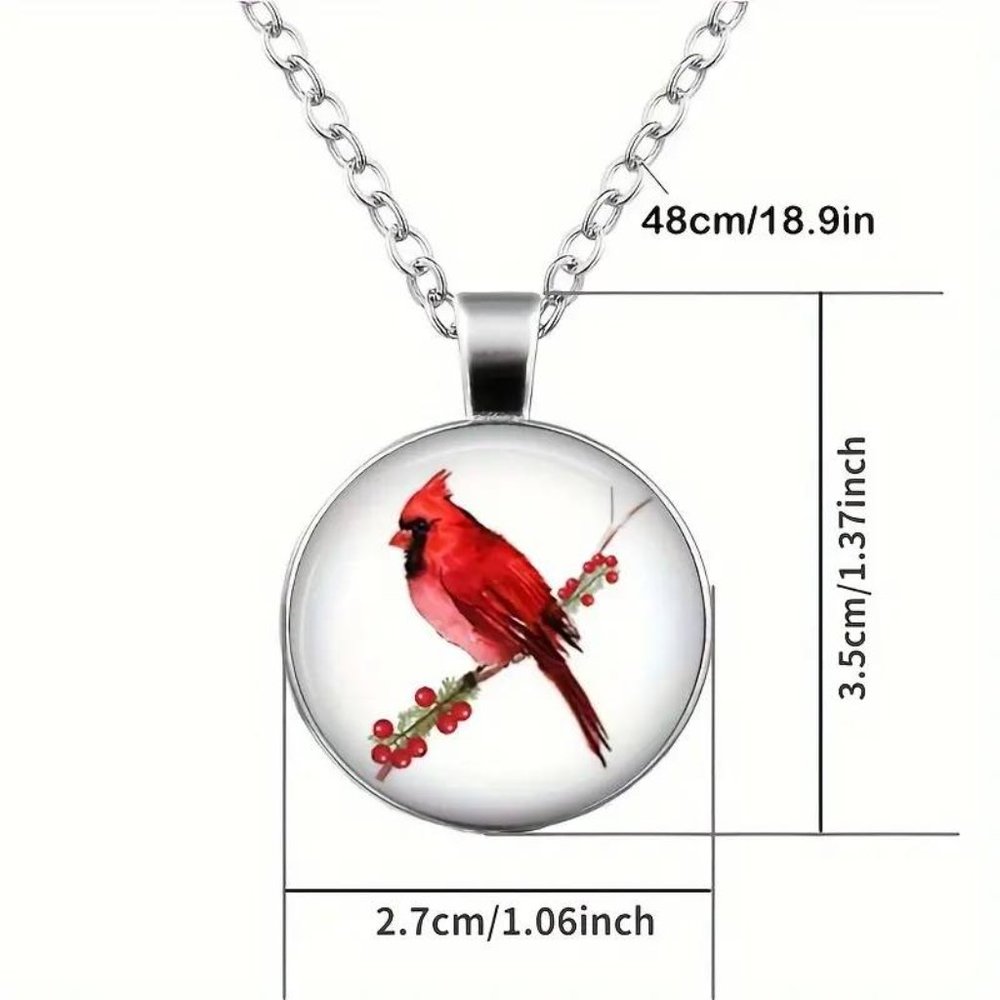 Silver RED BIRD Cardinal Christmas Cabochon Pendant Necklace - Picture 3 of 3
